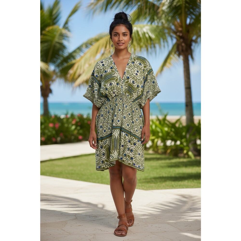 Umgee Green & Blue Kaftan Mini Dress Boho Tunic Boutique Resort Wear Sz M